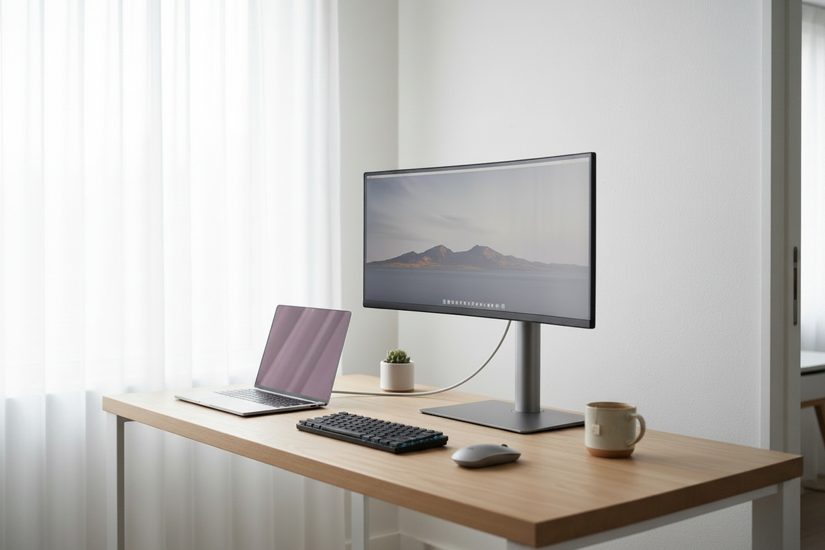 A minimalist home office desk with a large computer monitor and a laptop connected by a single cable, showcasing a clutter-free workspace in bright natural light.