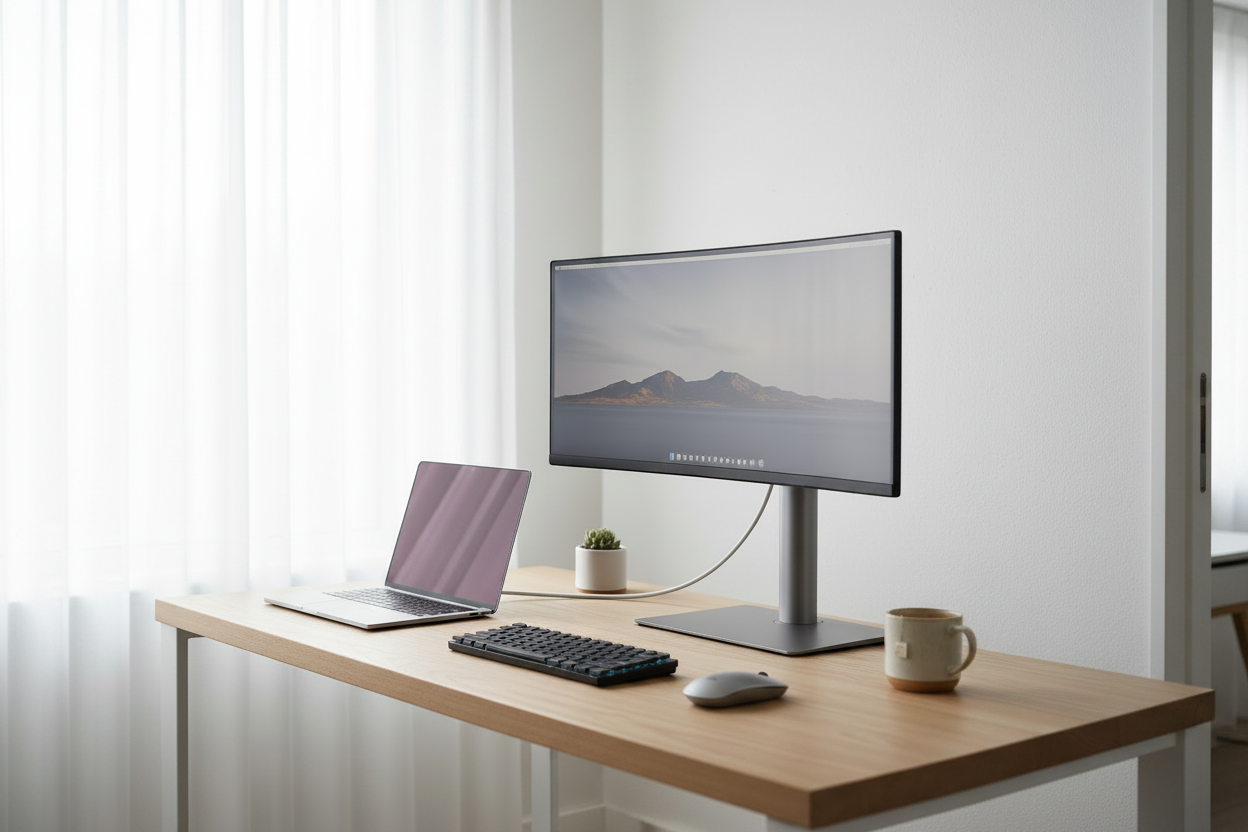 A minimalist home office desk with a large computer monitor and a laptop connected by a single cable, showcasing a clutter-free workspace in bright natural light.