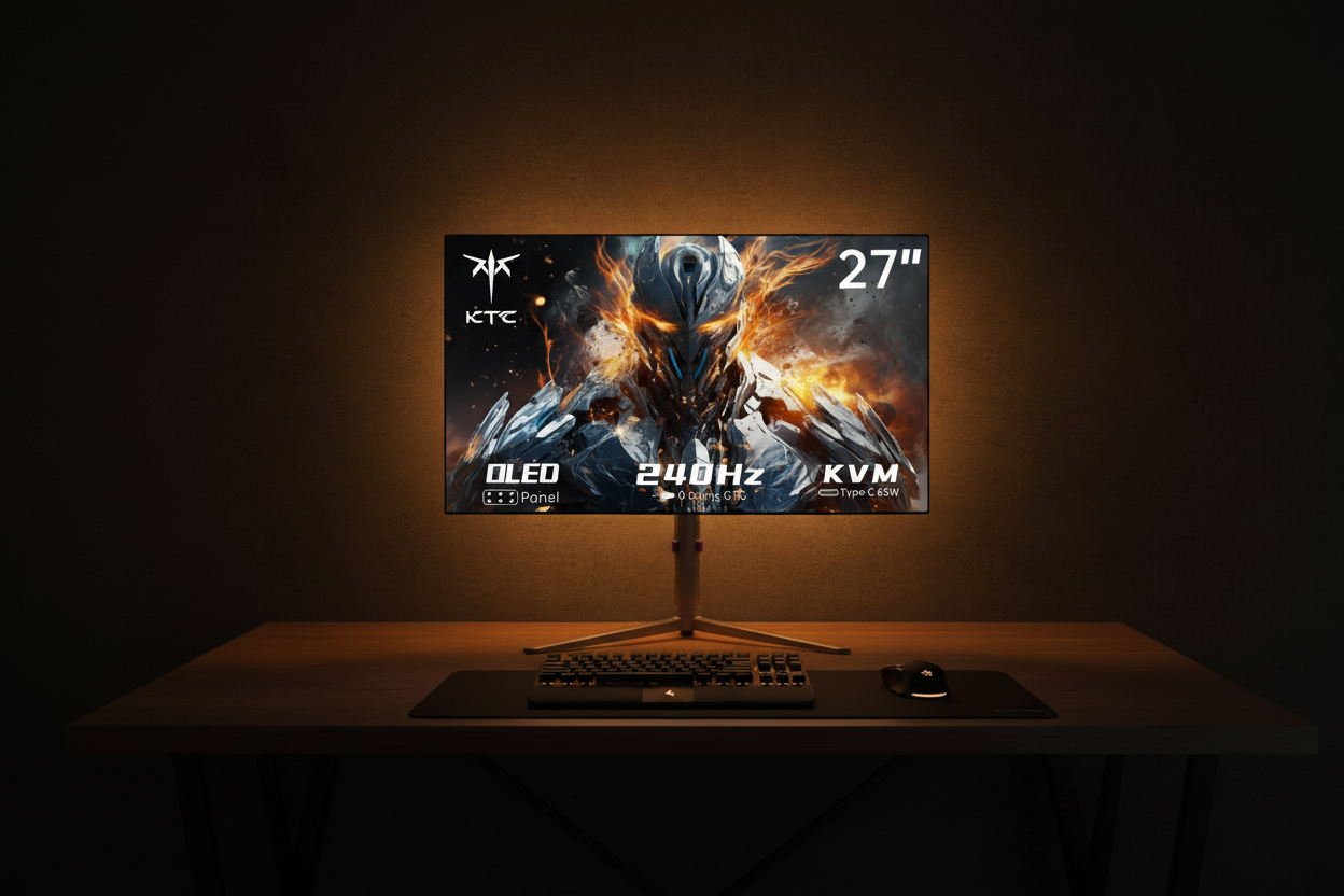 A modern 27-inch gaming monitor on a desk in a dark room at night, featuring a low-brightness screen with warm bias lighting behind the display to reduce eye strain.
