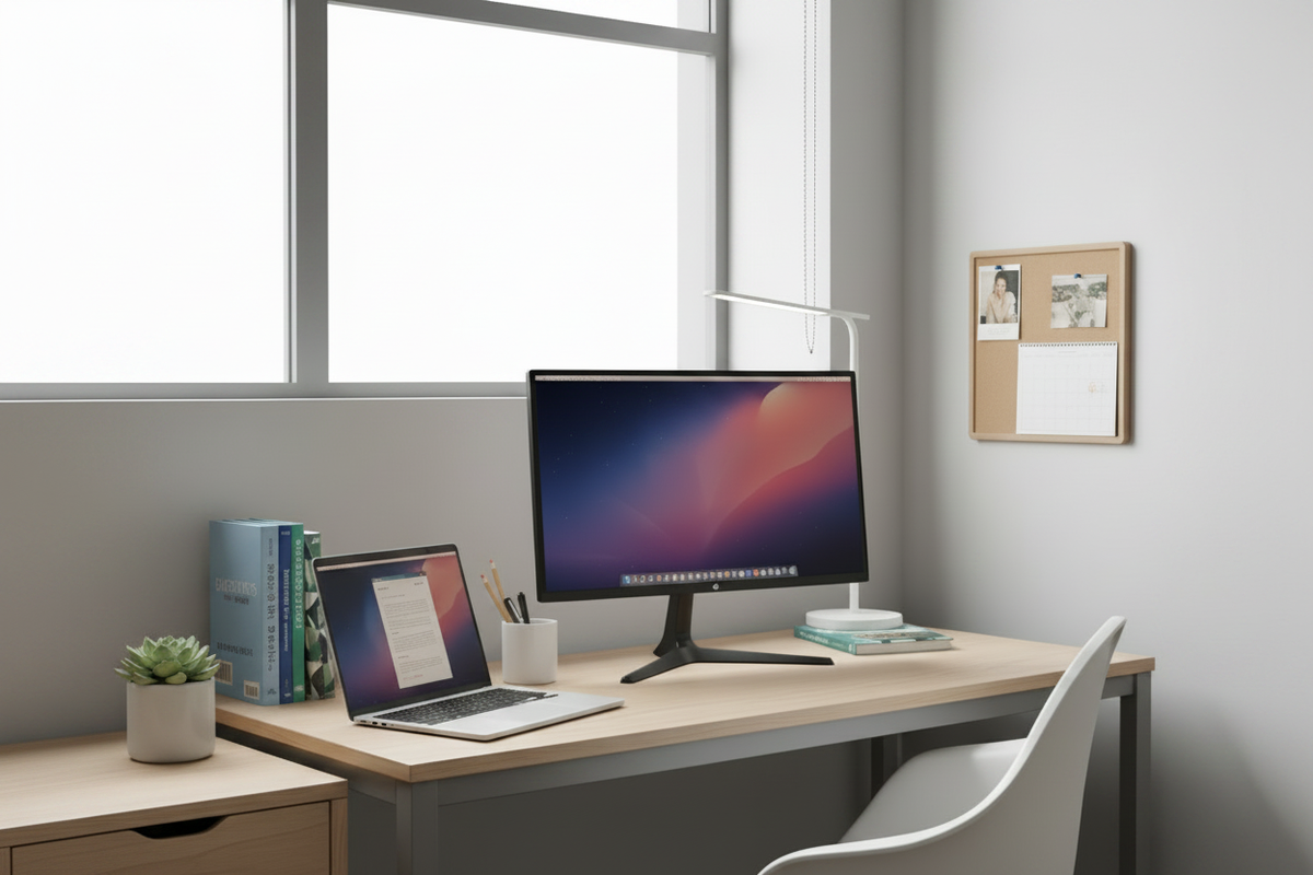 A realistic photo of a compact 24-inch gaming monitor with a slim profile on an organized student desk in a modern, bright dorm room.