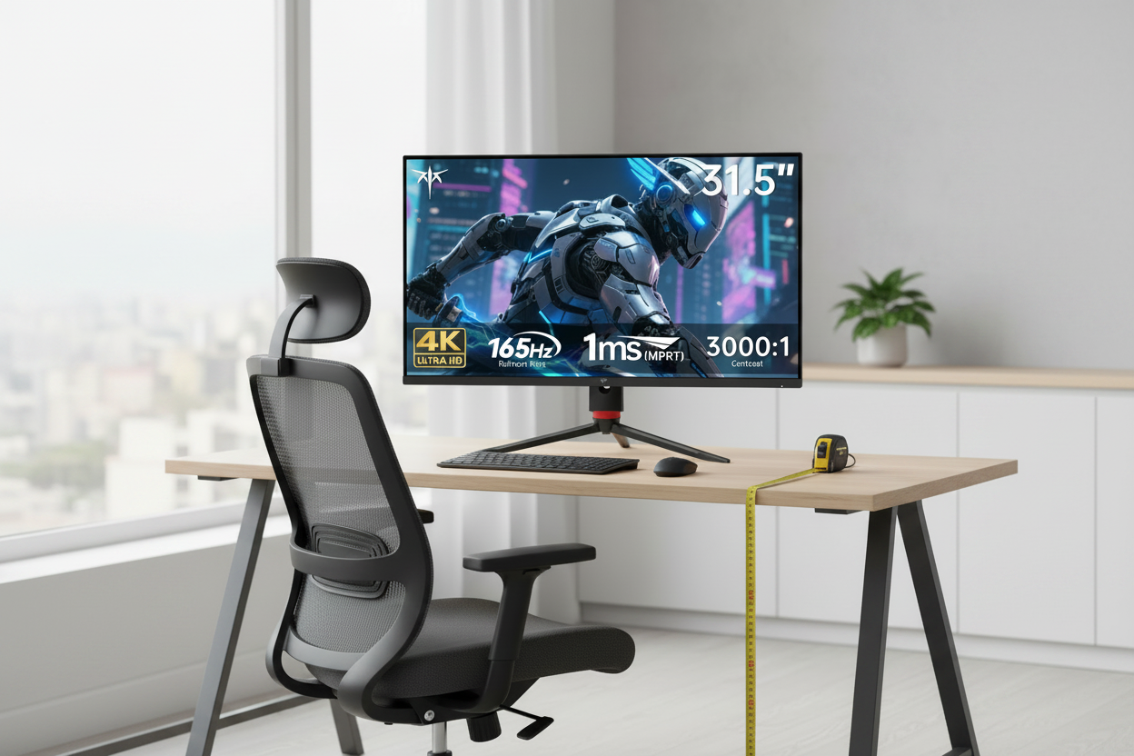 A clean modern desk setup featuring a 32-inch 4K monitor at an optimal viewing distance, with an ergonomic chair and a measuring tape on the desk indicating distance.