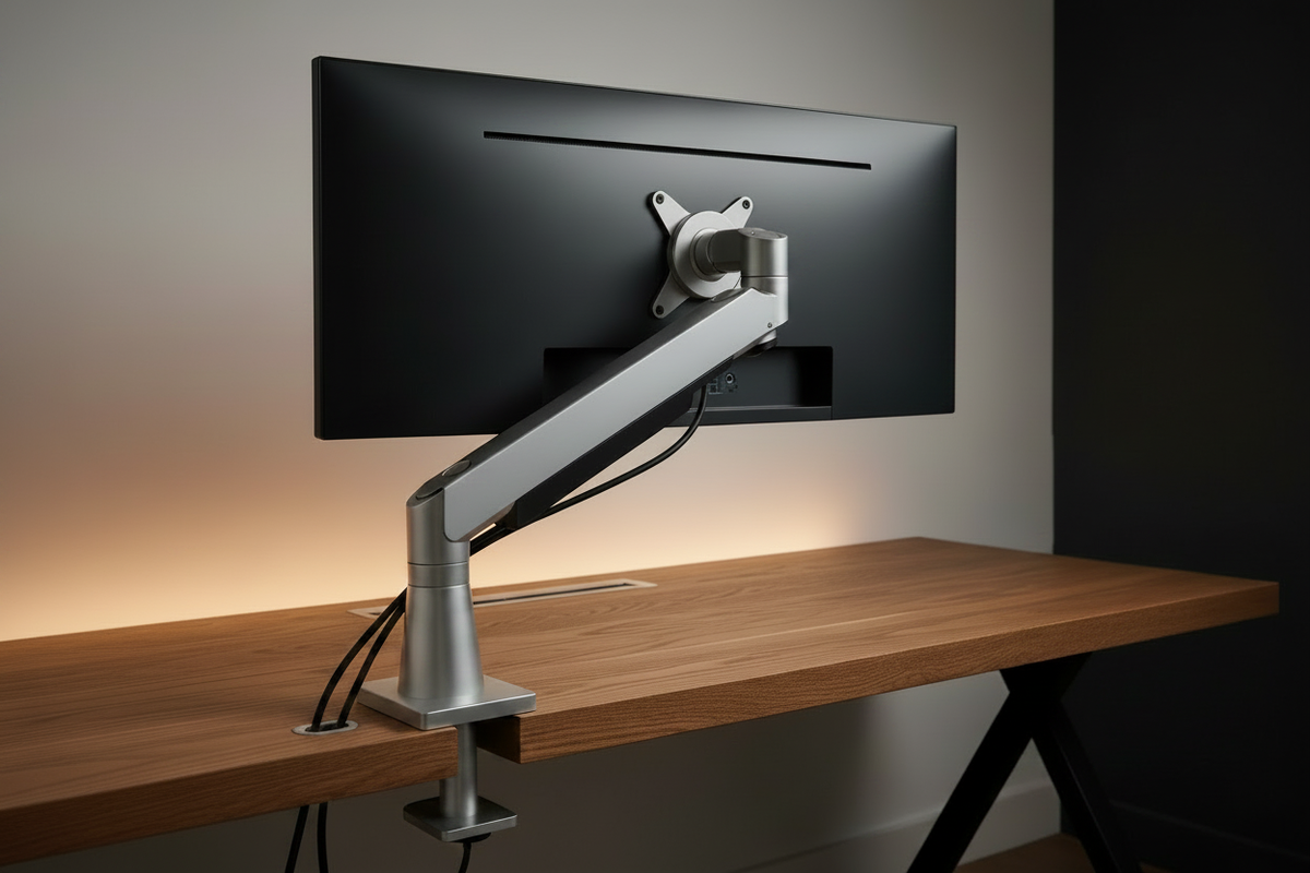 A professional gaming setup featuring a 49-inch curved ultrawide monitor securely mounted on a heavy-duty monitor arm on a reinforced wooden desk, emphasizing stability and ergonomics.
