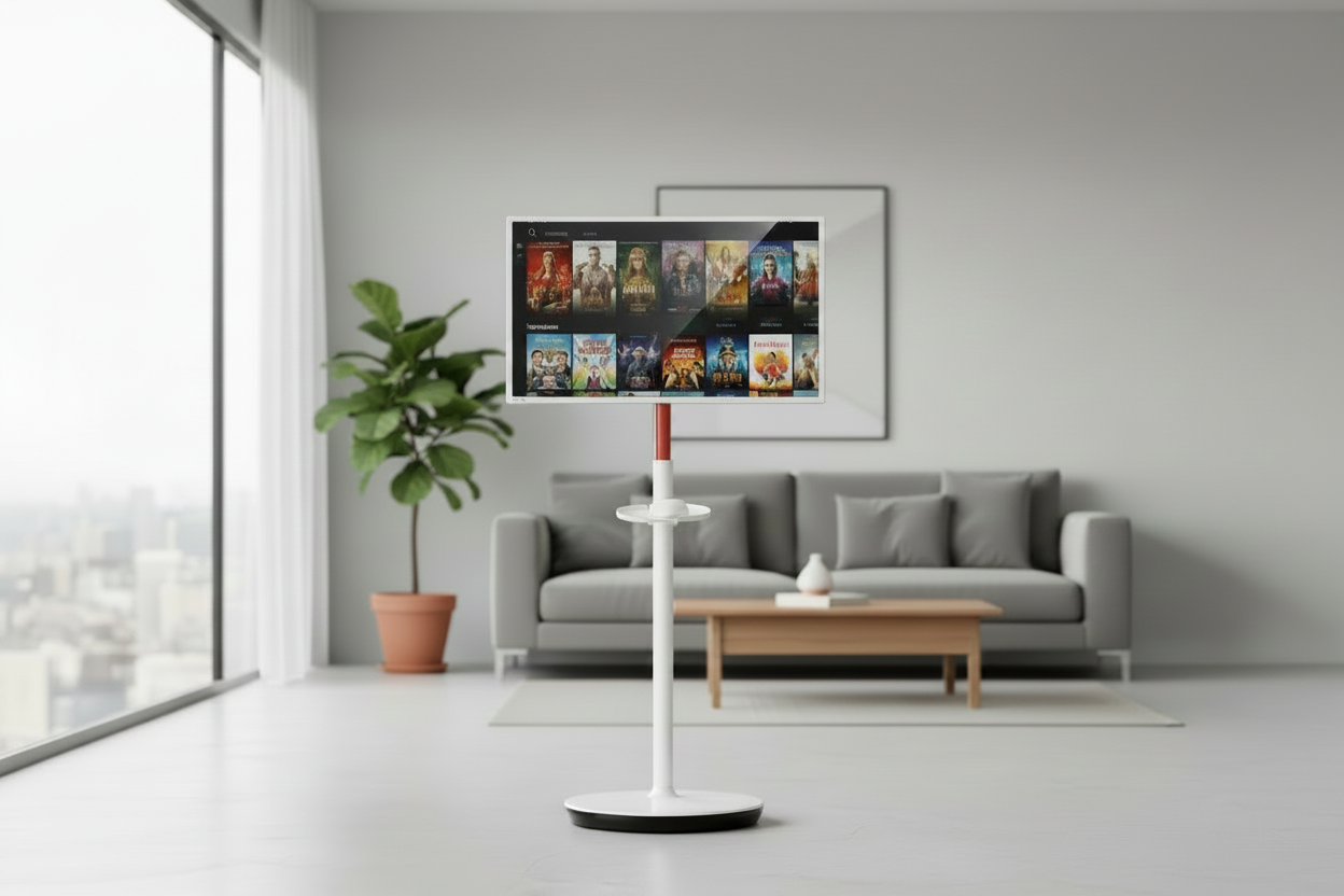 A sleek touch monitor on a portable floor stand in a modern living room, showing a streaming interface with a person's hand touching the screen.