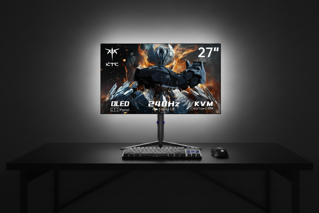 A professional gaming desk setup in a dark room, featuring a sleek monitor with a soft white bias light glowing against the wall.