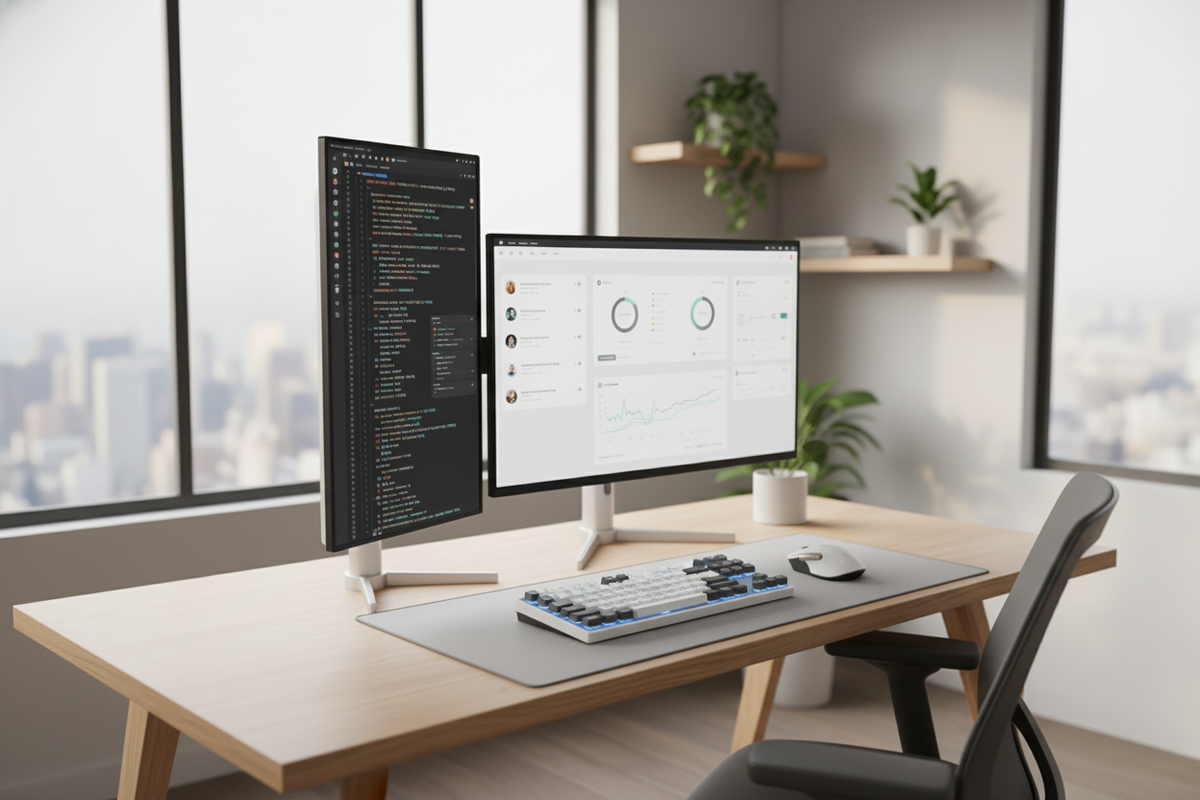 A professional ergonomic desk setup featuring a vertical monitor displaying code and chat windows alongside a horizontal monitor in a modern, clean office environment.