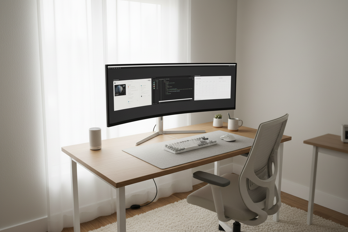 A modern, high-end desk setup featuring a single super ultrawide curved monitor in a well-lit professional office environment.