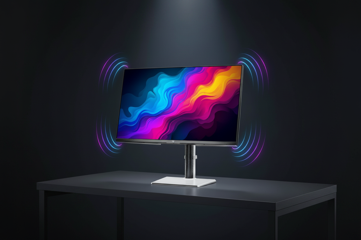 Gaming monitor with built-in speakers showing vibrant visuals and sound waves.