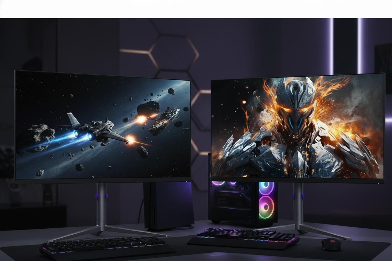 A side-by-side comparison of an OLED monitor and a Mini-LED monitor in a dark gaming room, showcasing the perfect black levels and superior contrast of the OLED screen.
