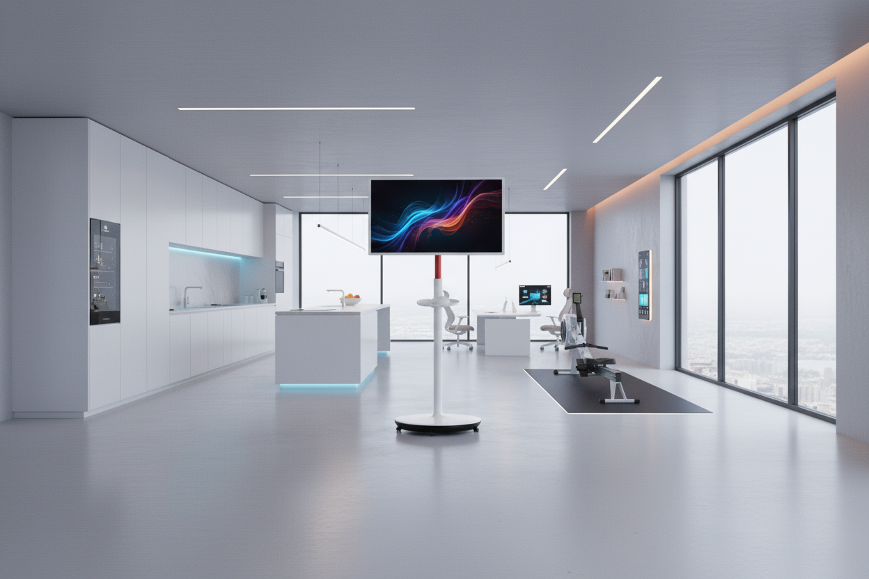 A sleek portable smart monitor on a wheeled stand in a multi-functional modern home space, blending kitchen, fitness, and office environments with a vibrant tech aesthetic.