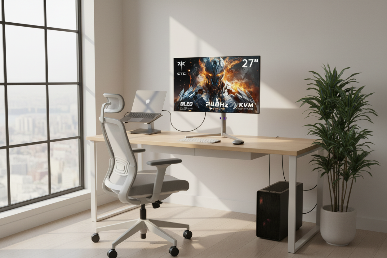Minimalist home office with a large KVM monitor and dual computer setup
