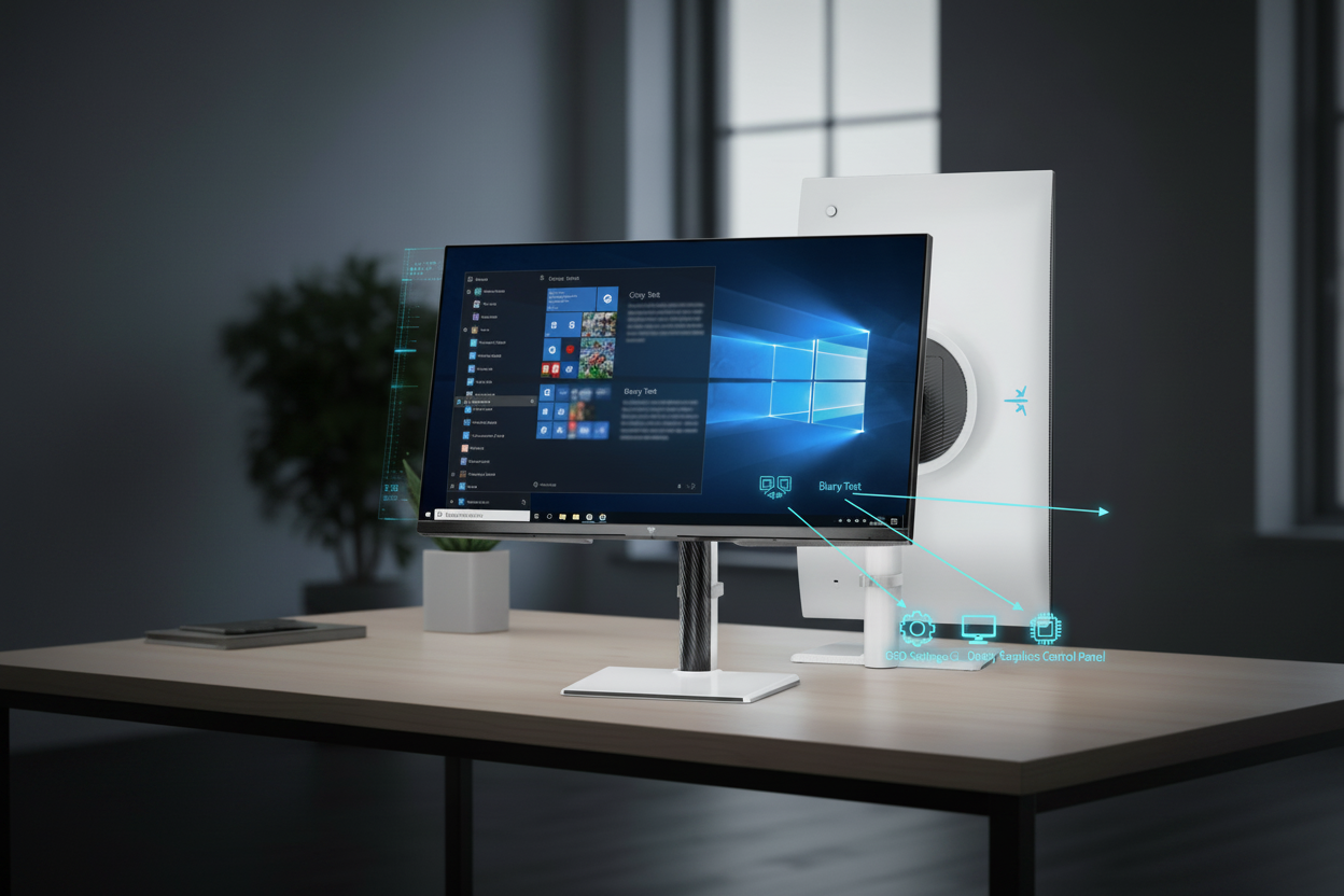 A professional 27-inch 4K gaming monitor on a clean desk, showing a Windows desktop where the edges are cut off due to overscan, with technical diagnostic overlays showing sharpness tests and settings icons.