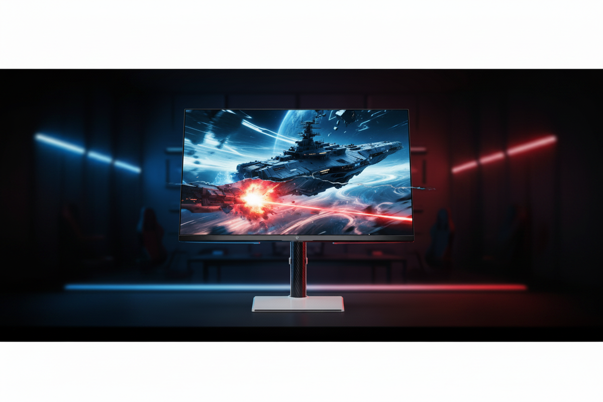 A dramatic close-up of a gaming monitor screen showing classic horizontal screen tearing artifact during fast motion in an FPS game, with red highlighted tear lines, dark gaming room background, high contrast, technical feel.