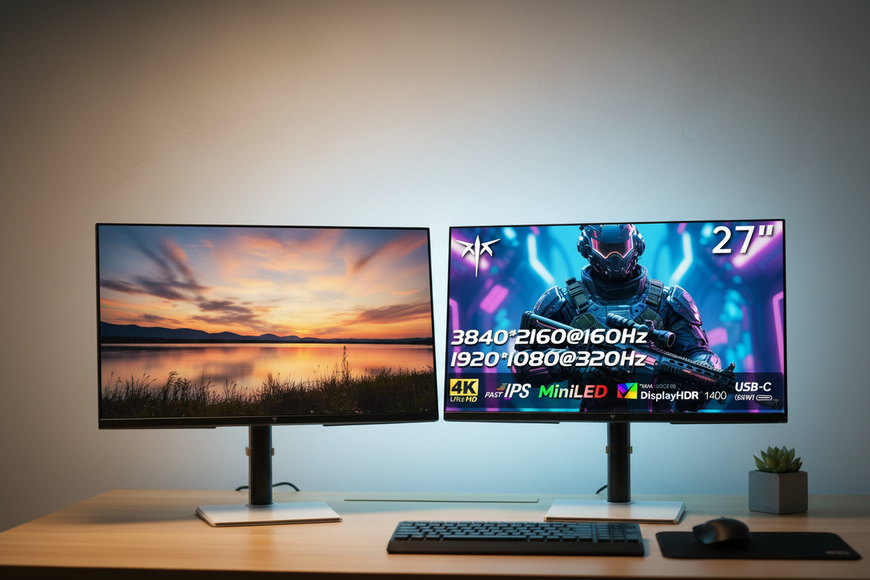 A professional dual-monitor desk setup showing a side-by-side comparison of an uncalibrated screen with a yellow tint versus a perfectly color-matched screen, both displaying a vibrant mountain sunset.