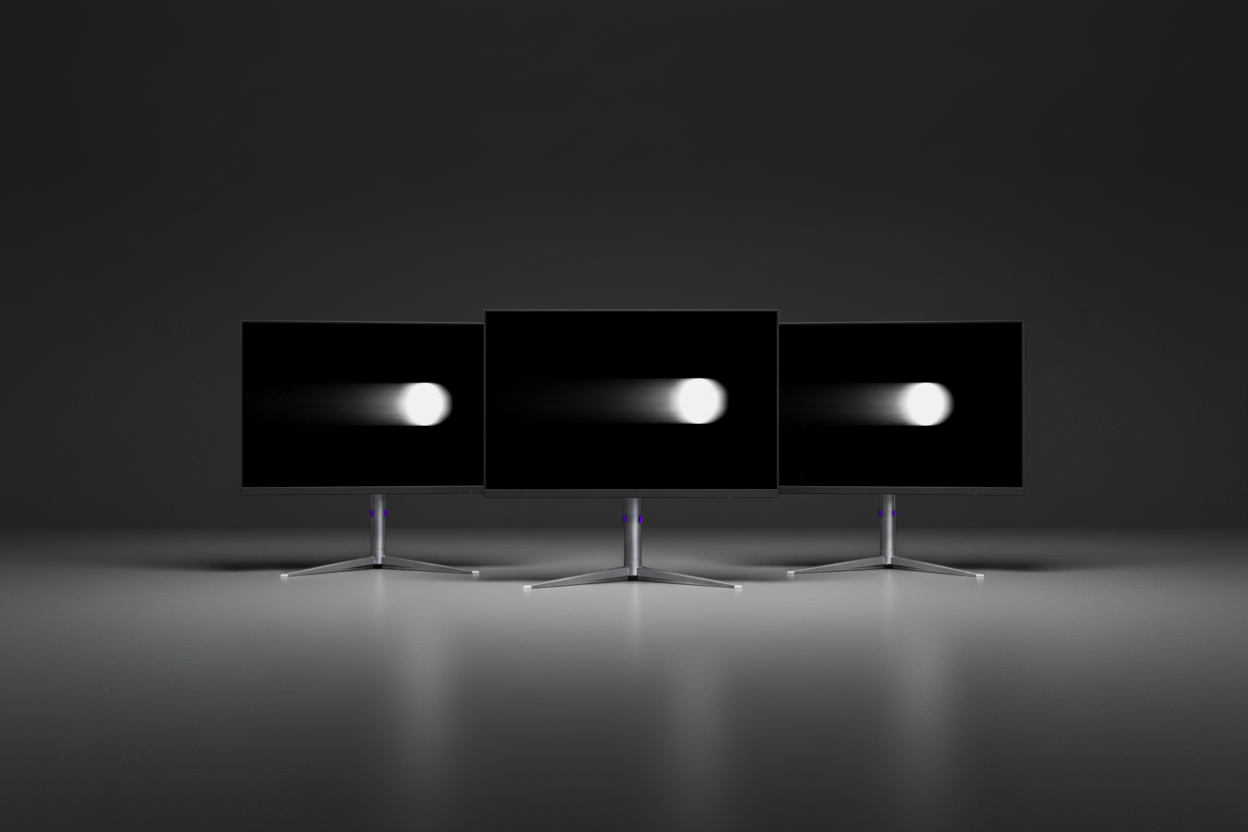 A close-up of a gaming monitor displaying a motion blur test. A UFO icon moves across the screen, showing a dark trailing ghosting effect and a bright corona overshoot halo against a gray background.