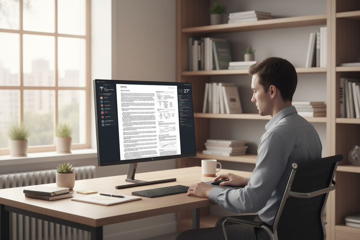 A professional researcher sitting at a modern desk, focusing on a 27-inch monitor oriented in portrait mode. The screen displays a full-page academic PDF with clearly visible layout and charts.