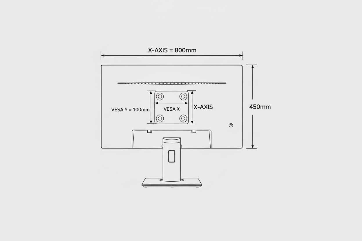 Technical diagram of a monitor back panel showing VESA mounting hole measurements.
