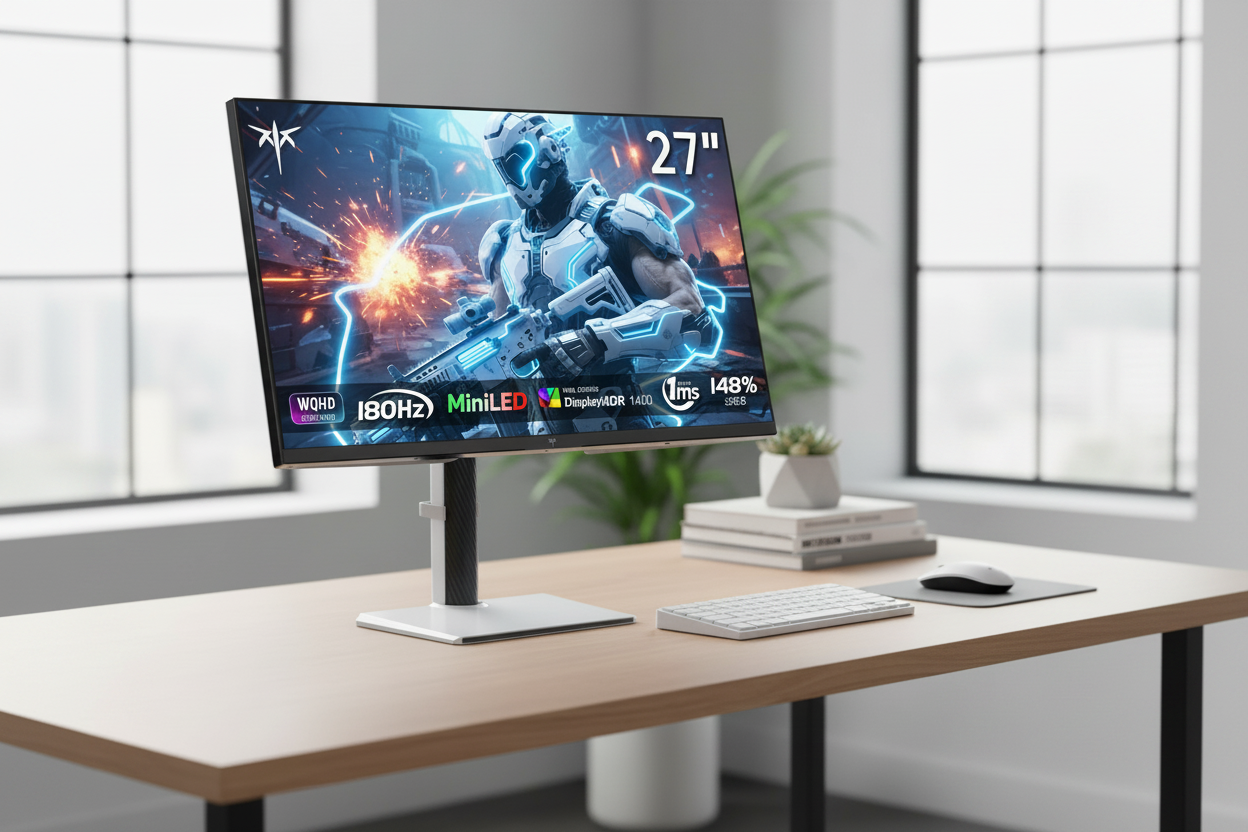 A high-performance 27-inch gaming monitor on a clean, minimalist desk, displaying a vibrant and detailed action game scene with smooth motion.