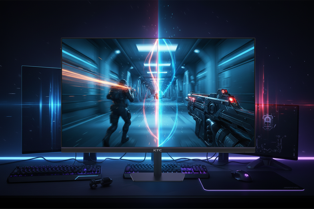 A split-screen comparison of a fast-paced first-person shooter game. The left side shows motion blur and ghosting at 60Hz, while the right side displays a sharp, fluid image at 120Hz, set in a dark cinematic gaming environment.