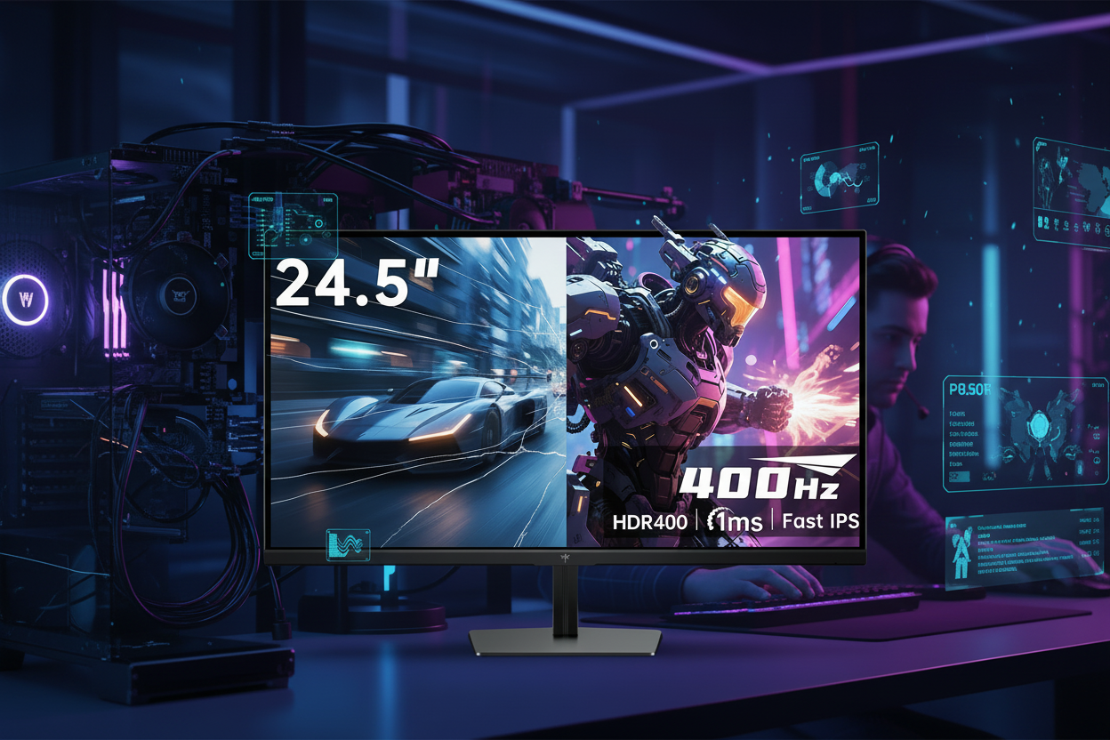 A high-end gaming monitor displaying a split-screen comparison of a fast-paced game, with prominent horizontal screen tearing artifacts on the left half and a perfectly smooth, synchronized image on the right half.