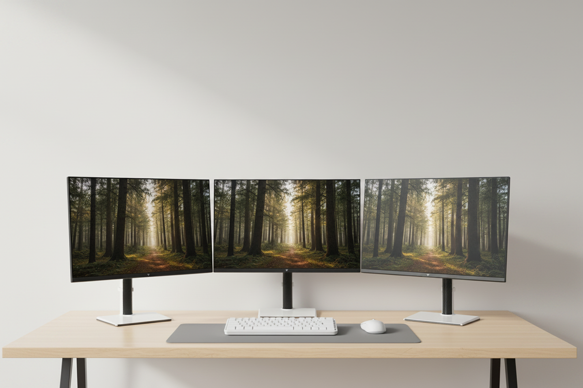 A seamless multi-monitor setup with three displays featuring ultra-thin bezels, creating a continuous panoramic view across the screens.
