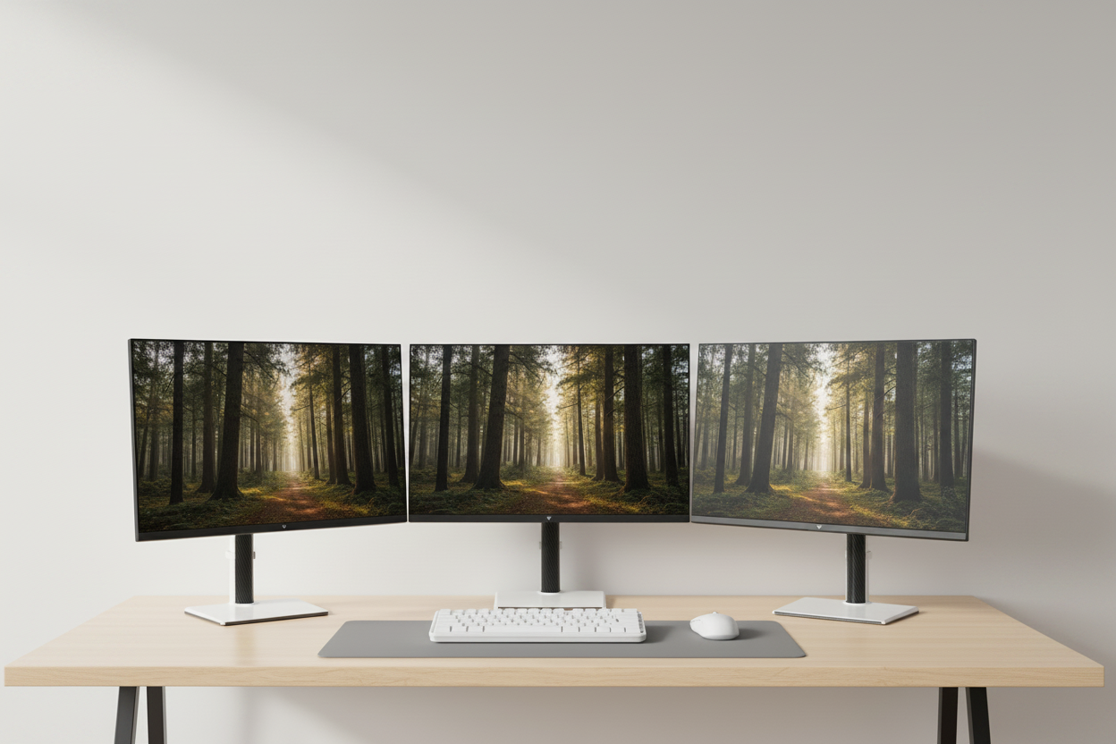 A seamless multi-monitor setup with three displays featuring ultra-thin bezels, creating a continuous panoramic view across the screens.