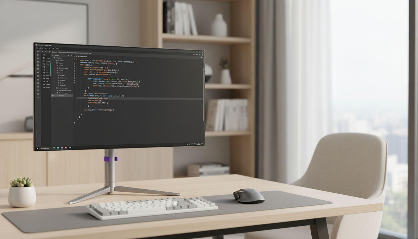 A professional desktop workspace featuring a sleek OLED monitor displaying a code editor with colorful syntax highlighting in a dark theme. The environment is a clean, modern office with soft lighting.