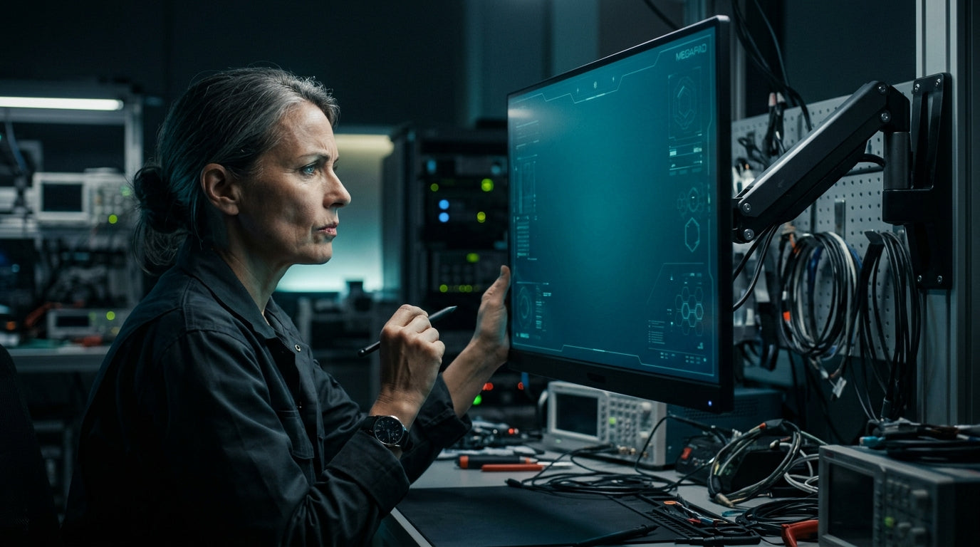 A professional tech inspector in a dark laboratory skeptically examining a computer monitor screen for quality defects, with subtle digital quality indicators.