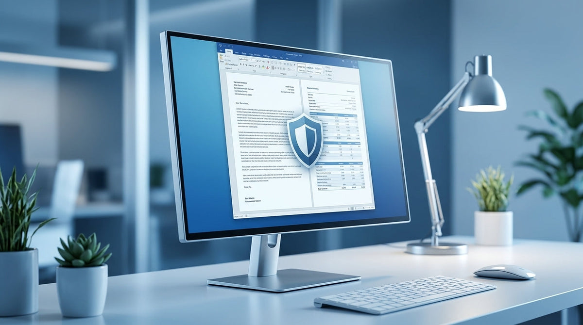 A modern computer monitor displaying a digital warranty document and a protective shield icon, representing manufacturer support.