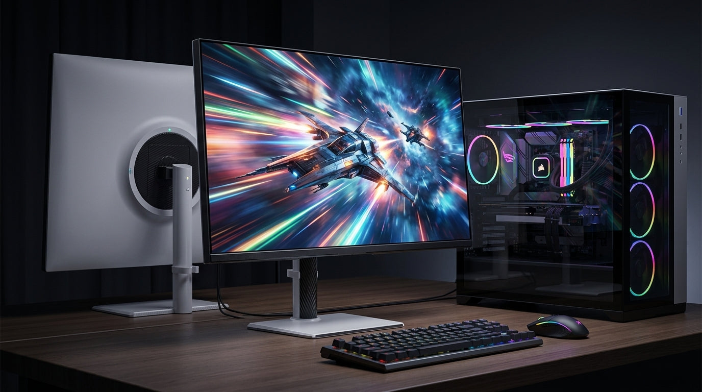 A professional esports gaming setup with a 27-inch 1440p monitor showing fluid motion lines to represent ultra-high refresh rates, paired with a high-end PC and clean peripherals.