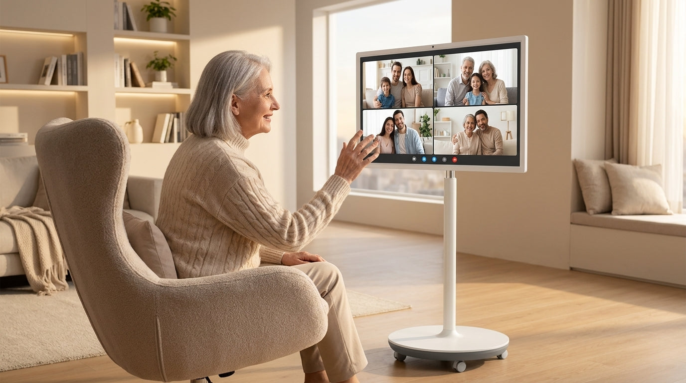 A senior woman sitting in a warm, sunlit living room, smiling while having a video call with her family on a large smart touch monitor mounted on a sleek, mobile rolling stand.