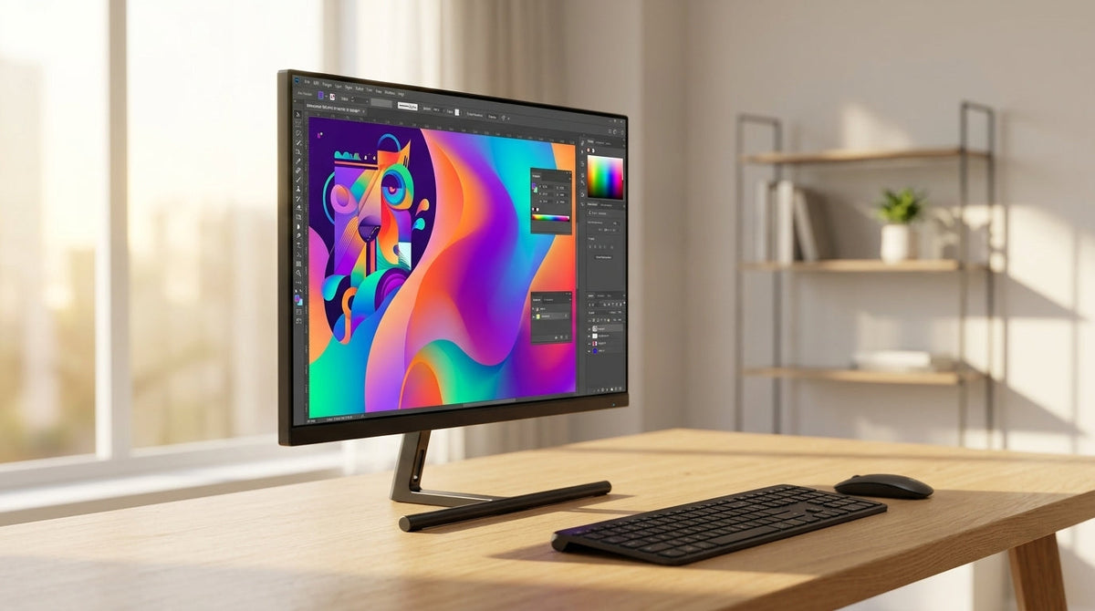 A professional 27-inch color-accurate monitor on a minimalist home studio desk, displaying vibrant creative software in natural light.