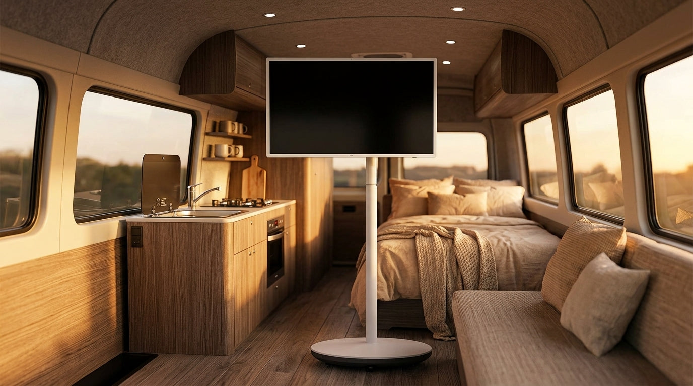 A large rolling smart monitor with wheels and an adjustable pole stand placed inside a cozy camper van during golden hour, serving as a workstation and entertainment hub.