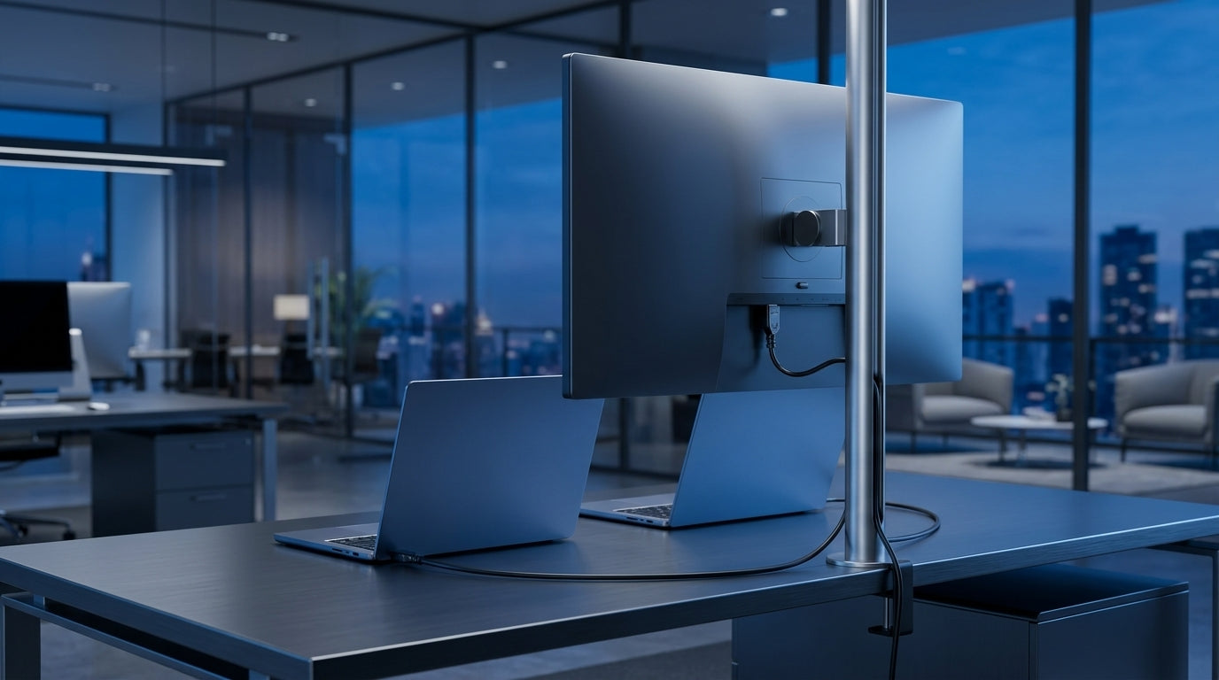 A dramatic clean-desk workstation with two slim laptops connected to a high-resolution monitor via a single cable, set in a modern office with blue and silver lighting.
