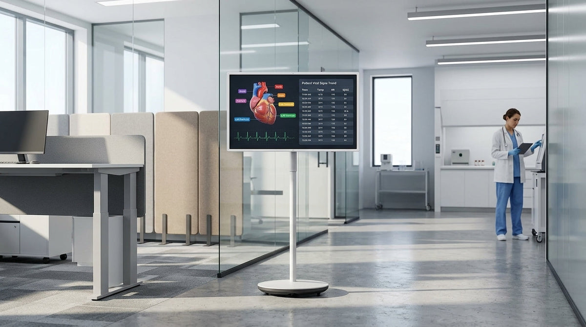 A mobile smart display on a rolling stand in a bright, modern professional setting.