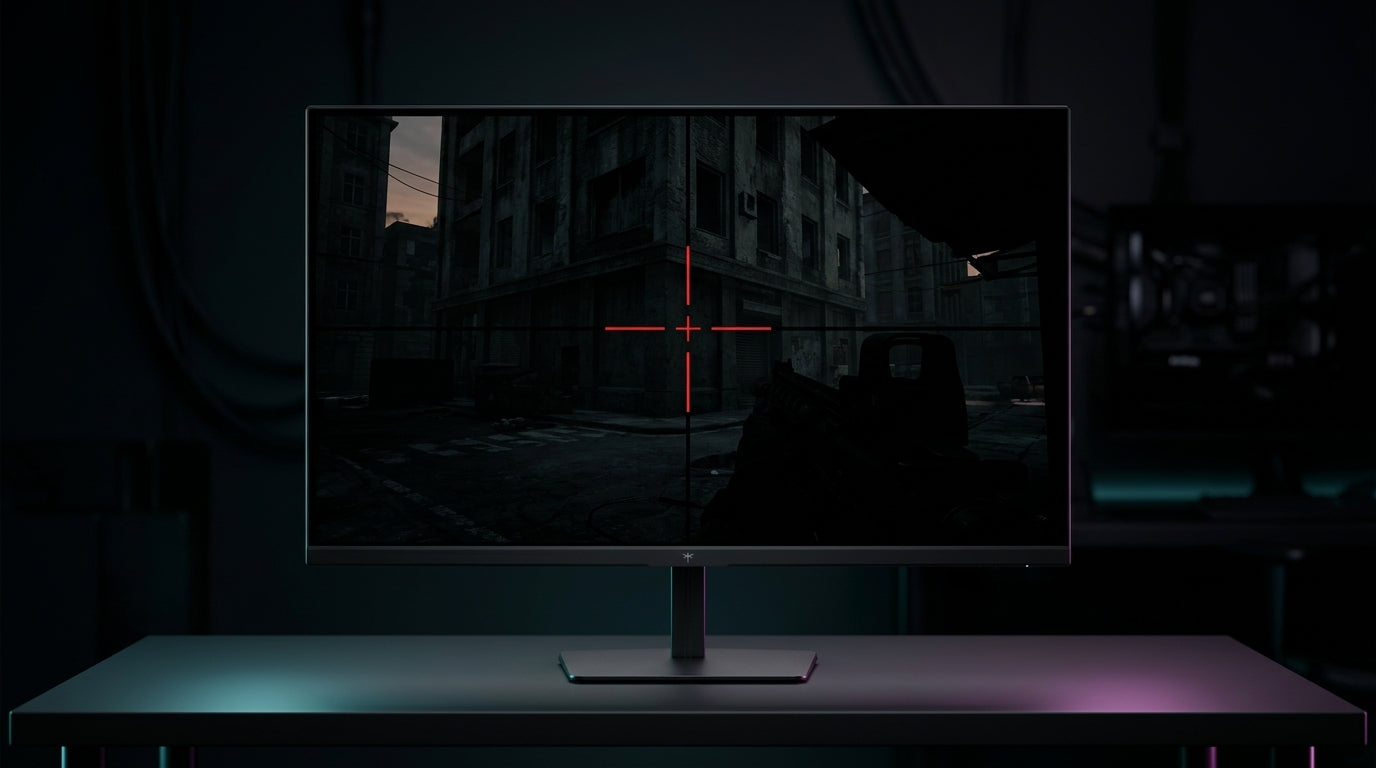 A professional 27-inch high-refresh-rate gaming monitor on a clean esports desk with high-contrast lighting.