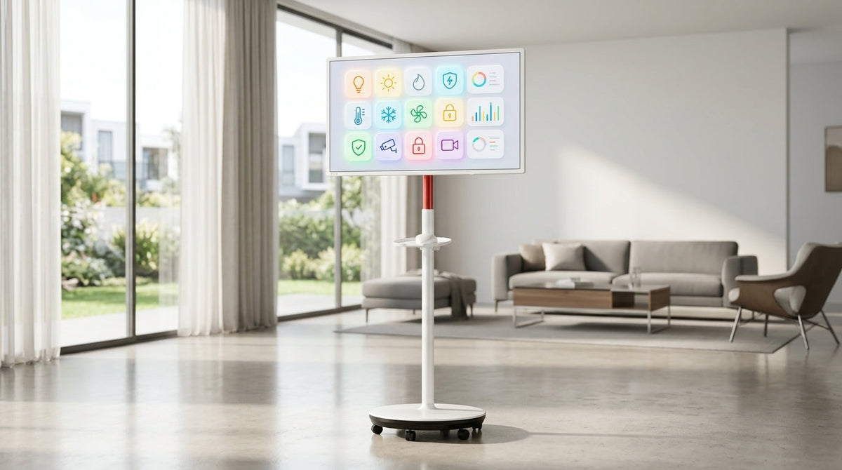 A large smart touch monitor on a minimalist wheeled stand in a sunlit 2026 modern living room, displaying a clean smart home control dashboard with Matter and Thread icons.