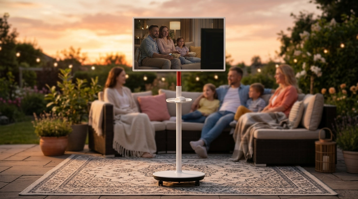 KTC MEGAPAD 32 inch 4K Android 13 Google EDLA Smart Touch Monitor with 9500mAh Battery on a patio rug at sunset for a family outdoor movie night.