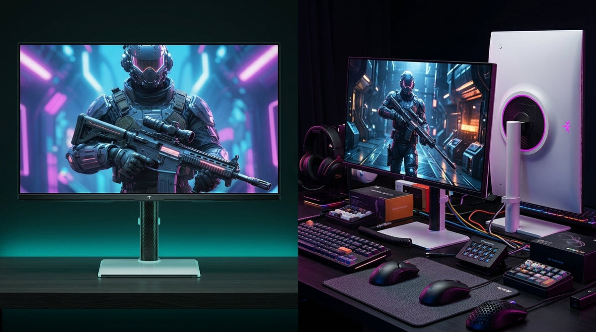 A side-by-side comparison of two 27-inch 4K gaming monitor setups on modern desks, one clean and minimalist with a high-end display and the other cluttered with peripherals.