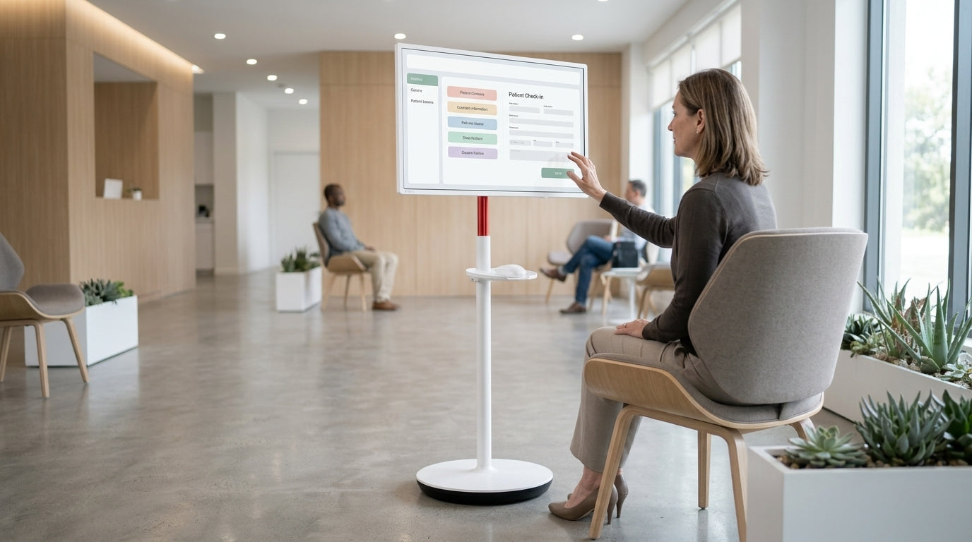 A mobile touch screen monitor on a rolling stand in a modern healthcare clinic waiting area, showing a patient interacting with the screen.