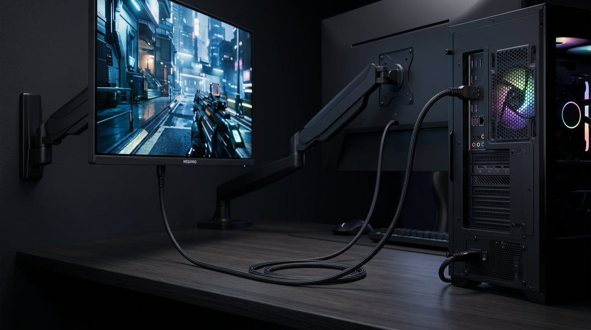 A high-end gaming monitor on a desk in a dark room, connected to a computer by a high-quality DisplayPort cable, displaying a sharp and clear video game scene with no visible artifacts.
