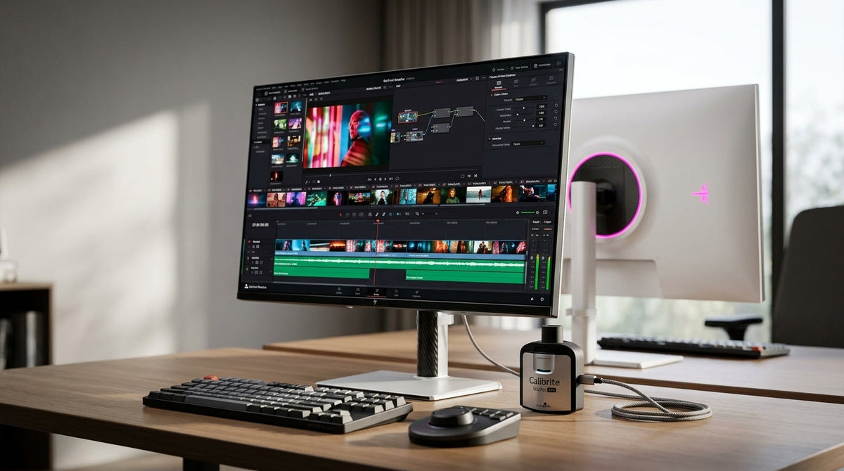 A sleek 27-inch monitor on a professional creator's desk in a modern home studio, displaying a vibrant HDR video editing scene with a color calibration tool nearby.