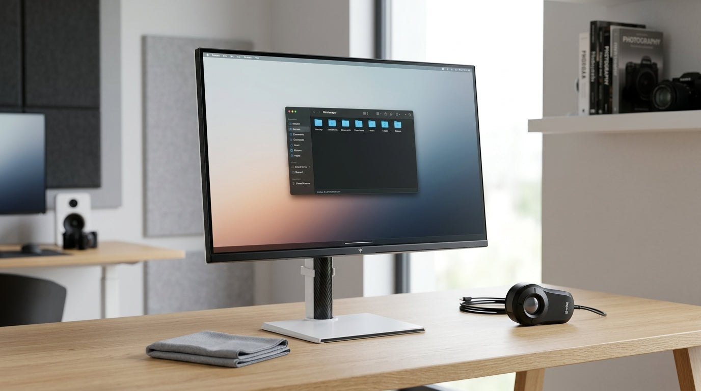 A high-end monitor on a clean, professional creator's desk with a microfiber cloth and a color calibration tool nearby.