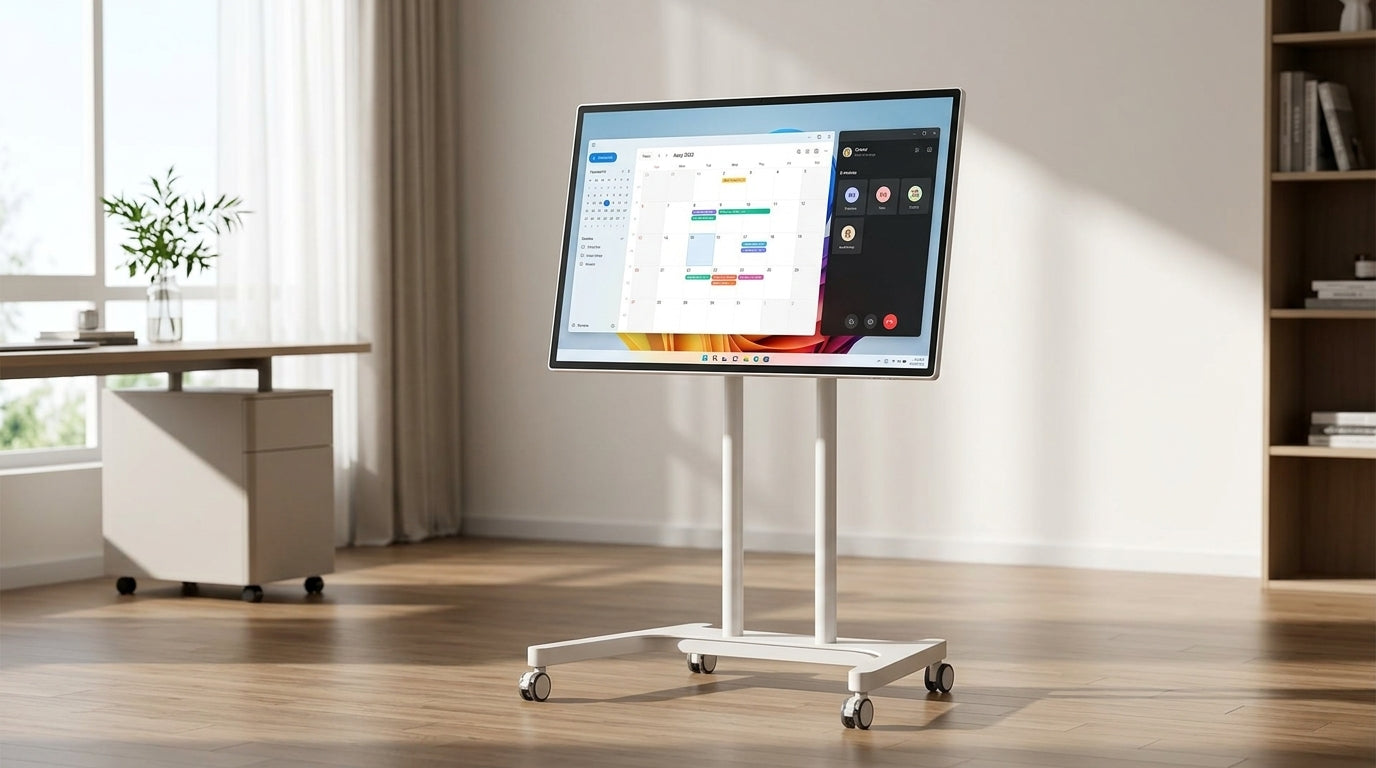 A large-screen portable smart display on a minimalist rolling stand in a sunlit modern home office, highlighting its cord-free mobility.