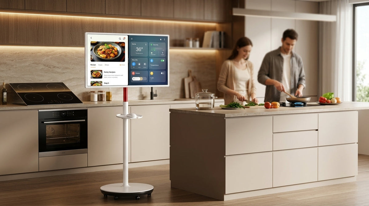 A large mobile touch screen on a rolling stand in a modern kitchen, displaying a cooking app and smart home controls.