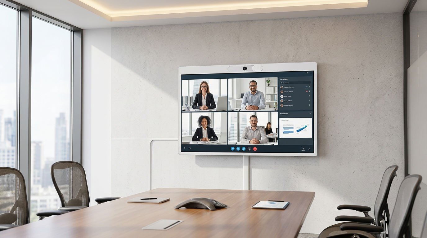 A professional 4K smart display mounted in a modern boardroom, featuring an integrated webcam with a visible physical privacy shutter at the top.
