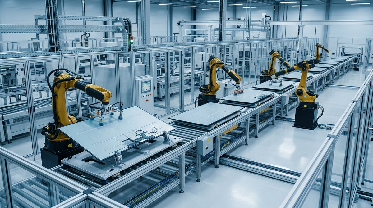 A clean, modern automated factory floor where high-end monitor display panels are being carefully assembled and moved along a conveyor belt, illustrating the direct manufacturing process.