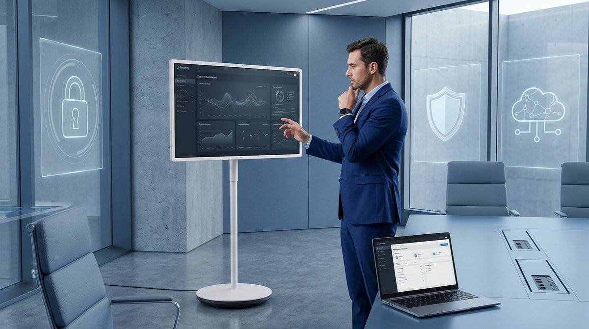 A professional IT manager in a modern conference room reviewing a large smart display, with subtle digital security icons like a lock and shield integrated into the clean tech environment, featuring blue and gray tones.