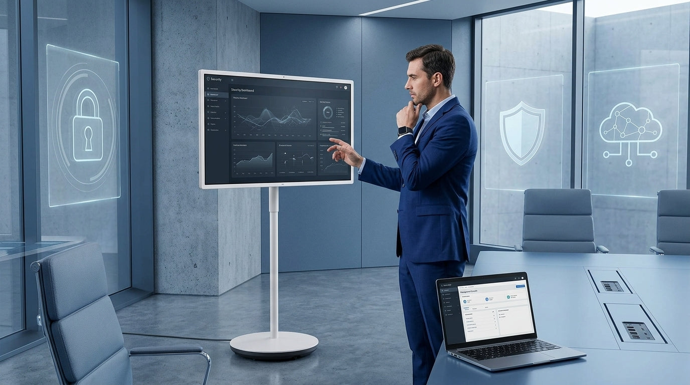 A professional IT manager in a modern conference room reviewing a large smart display, with subtle digital security icons like a lock and shield integrated into the clean tech environment, featuring blue and gray tones.