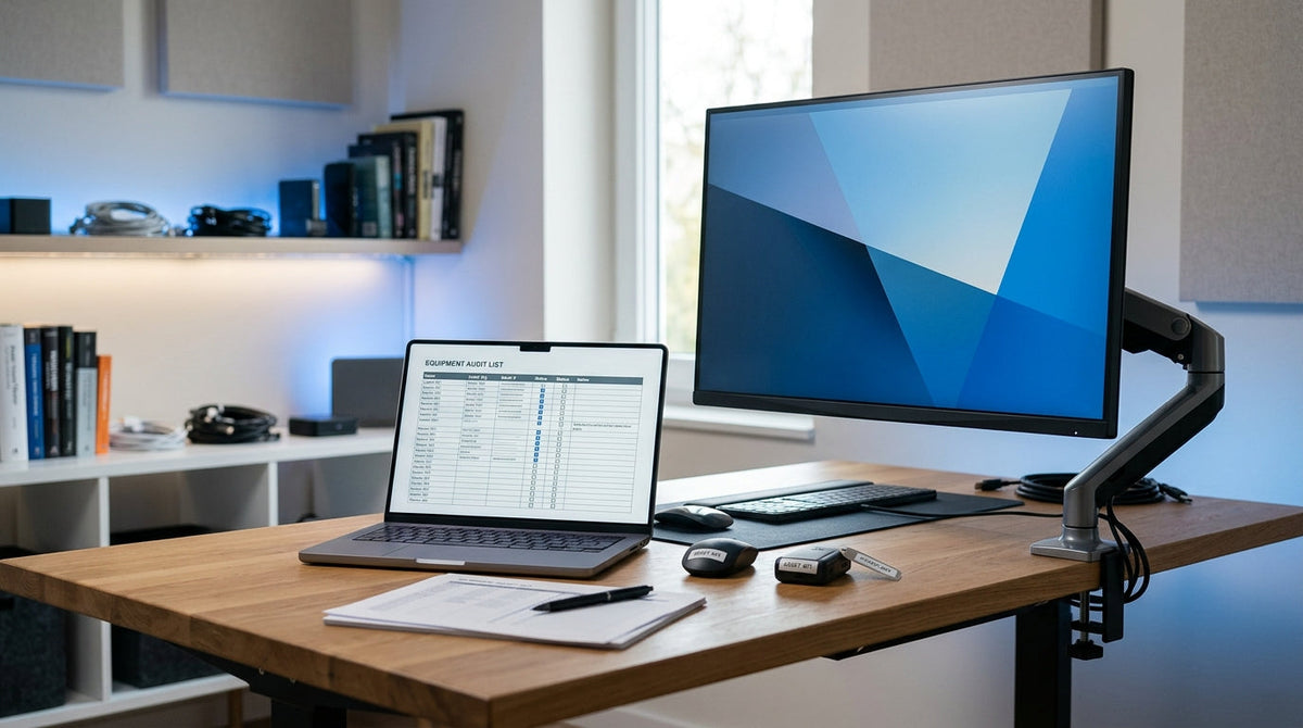 A professional workspace featuring a laptop displaying warranty documents next to a high-end gaming monitor, illustrating a tech support audit process.