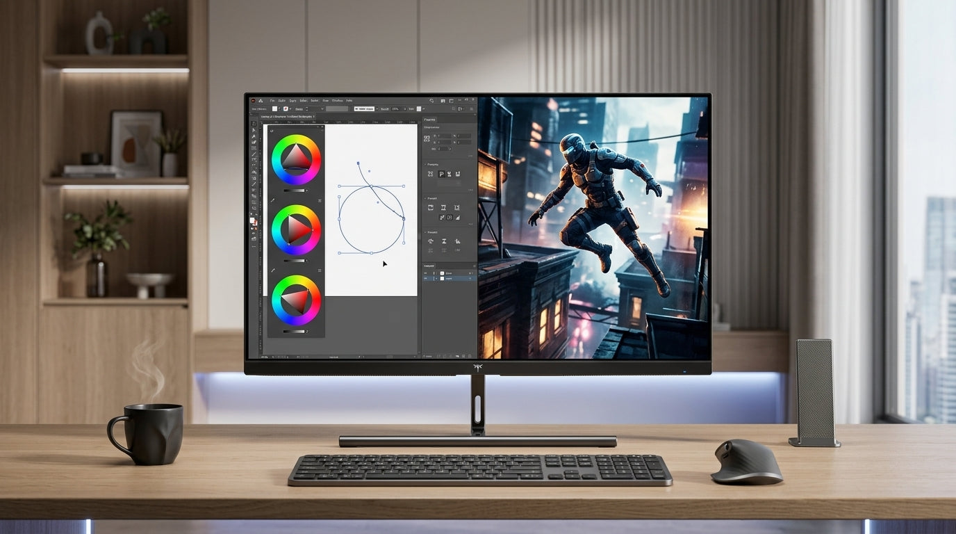 A futuristic 2026 home office setup featuring a high-end monitor displaying a split-screen of graphic design software and an HDR action game.